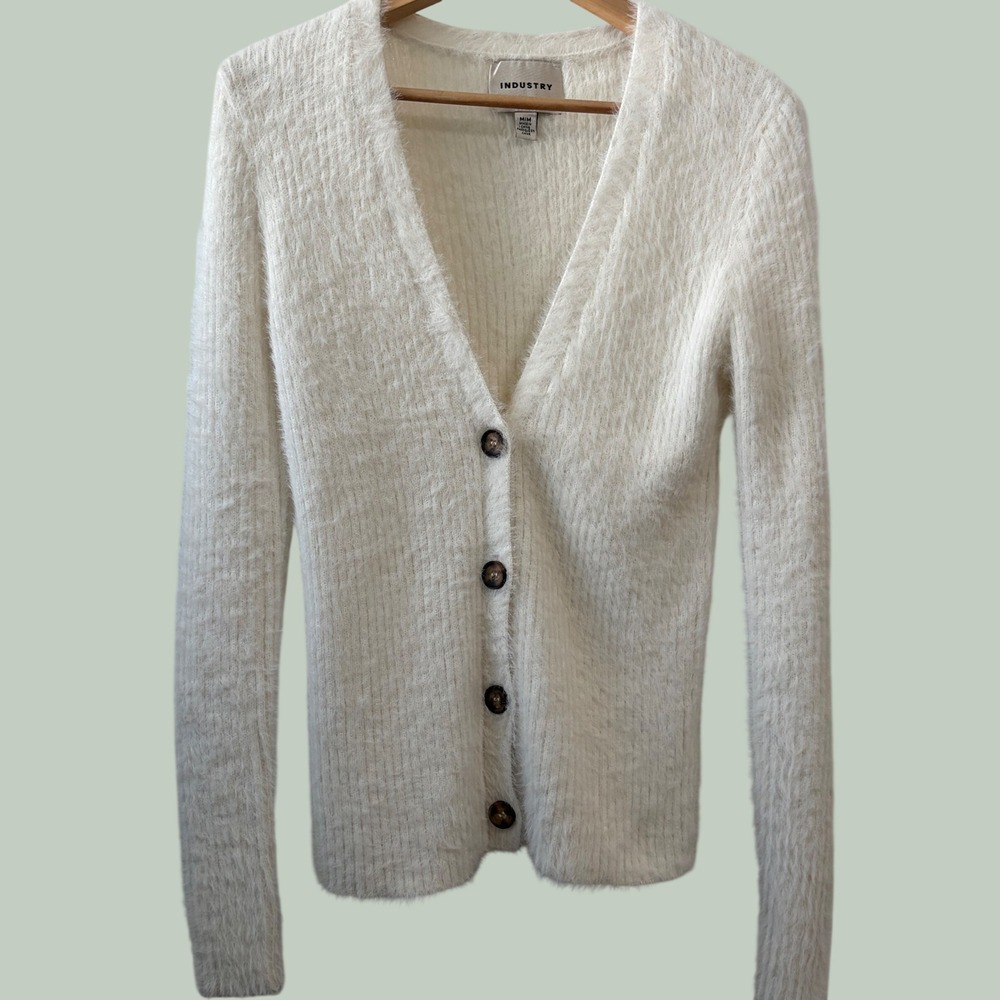 Industry Women Cream White Fuzzy Eyelash Knit VNeck Button Front Cardigan Medium